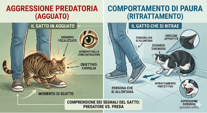 Esempi di aggressività nel gatto: a sinistra un gatto in agguato ai piedi (predatoria), a destra un gatto spaventato con orecchie appiattite. Esempi di aggressività nel gatto: a sinistra un gatto in agguato ai piedi (predatoria), a destra un gatto spaventato con orecchie appiattite.